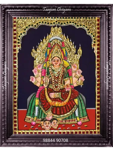 Samayapuram Mariamman Tanjore Painting showing Goddess Mariamman in multi-armed Durga form seated on a golden throne, handcrafted in traditional Thanjavur gold foil art